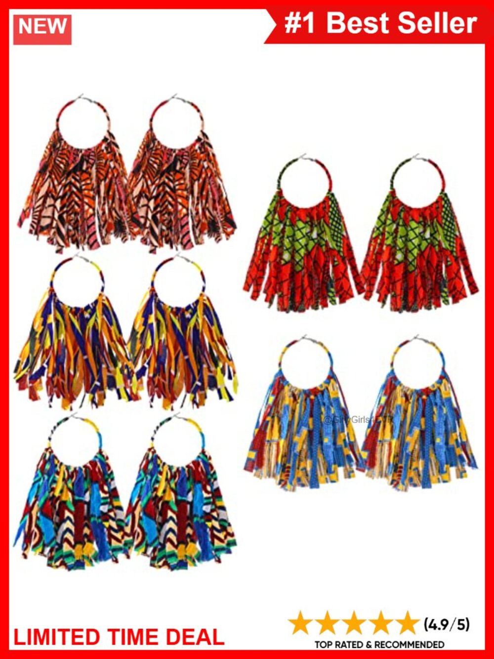 5 Pairs Fabric Tassel Hoop Earrings African Print French Wire